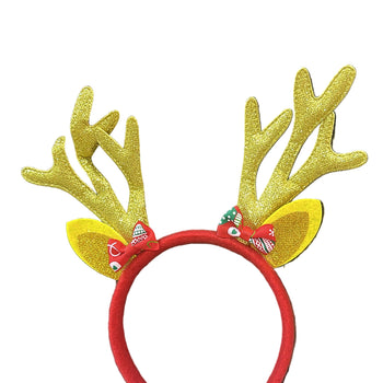 Rreth flokësh i kuq, me dekor për festat e fundvitit, me brirë & veshë gold me shkëlqim, me fjongo të kuqe