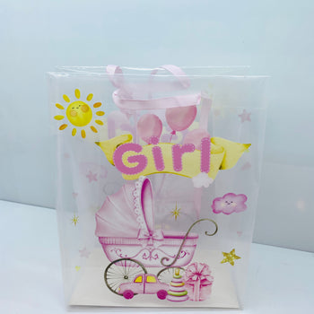 Çantë paketimi transparente "Girl" me karrocë bebesh, dhurata dhe tullumbace