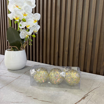 Topa dekorative transparente, për pemën festive me glitter gold