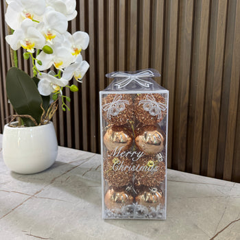 Set dekorativ topa për festa, në kuti transparente