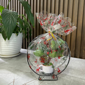 Dekor festiv me vazo dhe stendë metalike, i amballazhuar për dhuratë