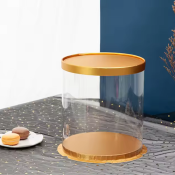 Kuti paketimi tortash karton + pjesë plastike e tejdukshme, rrethore gold