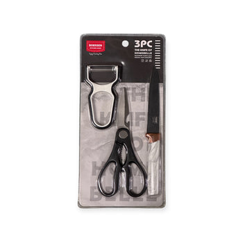 Set me 3 pjesë: Qëruese perimesh, gërshërë, thikë me detaje mermeri