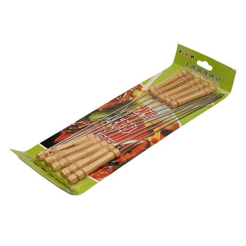 Shkopinj inoksi + druri për barbecue, set 12 copë
