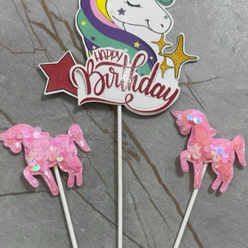 Set me 3 cake toppers me njëbrirësh dhe shkrim “Happy Birthday” me temina