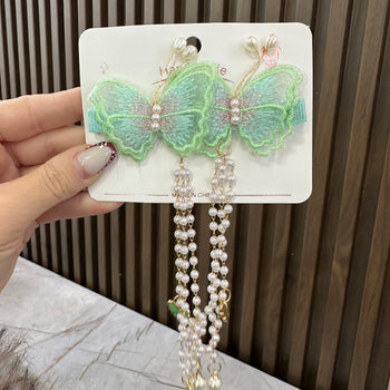 Kapëse flokësh flutur, jeshile me varëse perlash