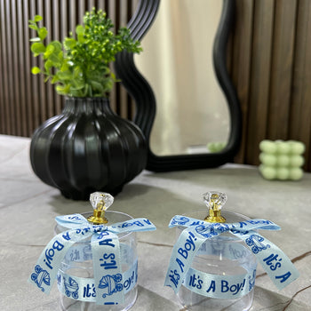 Konfeta transparente “It’s a Boy” me fjongo blu dhe kapak kristal