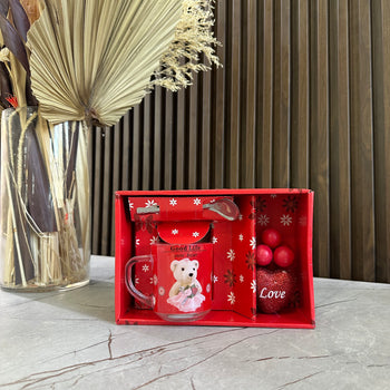 Set dhuratë “Cute Bear” me filxhan qelqi, lugë dhe dekor