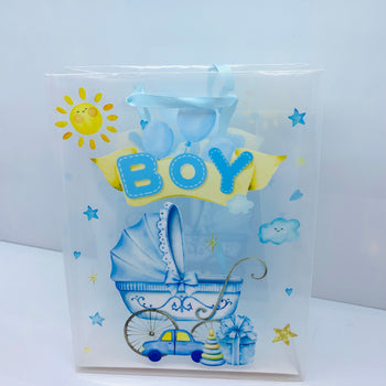 Çantë paketimi transparente "Boy" me karrocë bebesh, dhurata dhe tullumbace