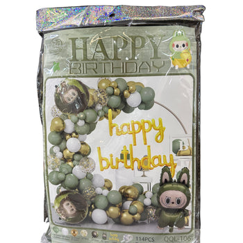 Set dekorimi “Happy Birthday” LABUBU, 114 copë tullumbace dhe aksesorë për festa ditëlindjeje